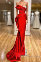 Strapless Red Mermaid Semi Formal Prom Dress With Beads